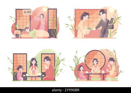 Routine quotidienne d'un ensemble de femme asiatique. Style de vie de femme au foyer japonaise. Famille traditionnelle avec un petit enfant. Horaire de la vie quotidienne. Illustration vectorielle plate Illustration de Vecteur