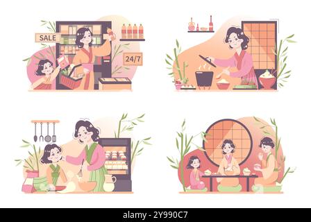 Routine quotidienne d'un ensemble de femme asiatique. Tâches ménagères japonaises et style de vie. Femme cuisinant des aliments et dînant en famille. Horaire de la vie quotidienne. Illustration vectorielle plate Illustration de Vecteur