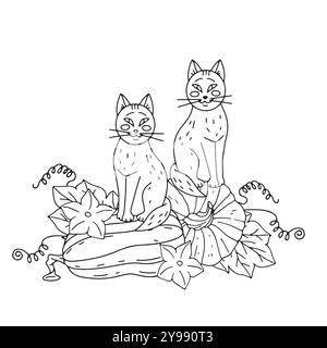 Carte de voeux monochrome de Thanksgiving avec chat mignon et citrouille Illustration de Vecteur