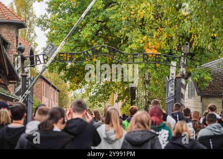 Oświęcim, Pologne . 9 octobre 2024 de grandes foules de touristes et de groupes de visites scolaires passent sous les portes principales du camp de concentration d'Auschwitz-Birkenau par une journée nuageuse sur le site du camp de concentration allemand nazi d'Auschwitz à Oświęcim, Polandcl . Auschwitz-Birkenau est un site classé au patrimoine de l'UNESCO où plus d'un million de personnes ont été assassinées, dont 960 000 juifs .Credit.Amer Ghazzal/Alamy Live News Banque D'Images