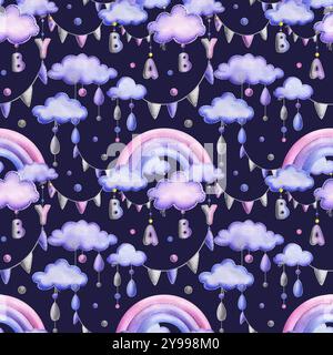 A stitched rainbow with clouds and letters BABY, garland flags, dots hanging from ropes in blue, purple and pink. Cute hand drawn watercolor Banque D'Images