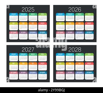 Ensemble de calendrier coloré des États-Unis, planificateur de l'année 2025 2026 2027 2028, fond sombre langue anglaise Illustration de Vecteur