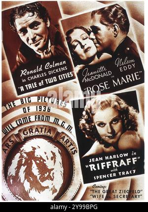 Annonce Metro-Goldwyn-Mayer de 1936 - Ronald Colman dans « Un conte de deux villes » ; Jeannette McDonald et Nelson Eddy dans « Rose Marie » ; Jean Harlow dans « Riff-Raff » Banque D'Images