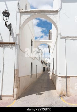 Rue majestueuse andalouse typique à Osuna avec des murs blancs avec ses bars caractéristiques à Séville Banque D'Images