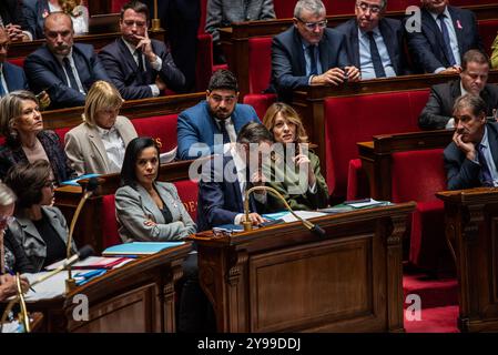 FRANCE-POLITIQUE-GOUVERNEMENT-PARLEMENT Maud Bregeon, ministre auprès du premier ministre, porte-parole du gouvernement, au Parlement français le jour de la motion de censure du premier ministre Michel Barnier. À Paris, le 8 octobre 2024. PARIS ILE-DE-FRANCE FRANCE COPYRIGHT : XANDREAXSAVORANIXNERIX FRANCE-POLITICS-GOVERNMENT-PARLI ASAVORANINERI-49 Banque D'Images