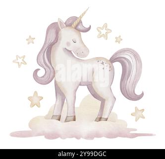 Licorne sur illustration aquarelle de nuage. Illustration de petit cheval mignon avec corne pour les cartes de voeux de douche de bébé ou invitation d'anniversaire enfantin. Poney avec étoiles pour filles nursery mur compris Banque D'Images