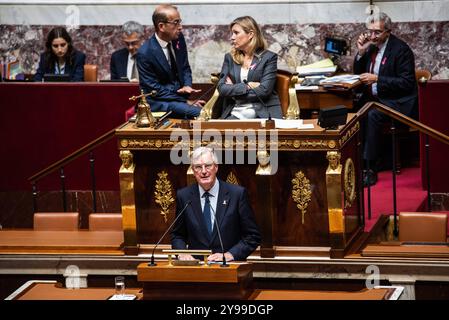 FRANCE-POLITIQUE-GOUVERNEMENT-PARLEMENT le premier ministre Michel Barnier à l'Assemblée nationale le jour du vote de censure contre son gouvernement. À Paris, le 8 octobre 2024. PARIS ILE-DE-FRANCE FRANCE COPYRIGHT : XANDREAXSAVORANIXNERIX FRANCE-POLITICS-GOVERNMENT-PARLI ASAVORANINERI-75 Banque D'Images