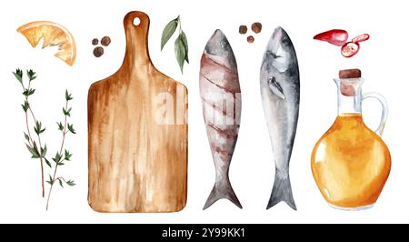 Ensemble d'illustrations aquarelle avec du poisson cru et cuit au four, planche à découper et épices isolé sur fond blanc. Truite et ingrédients de cuisine pour hommes Banque D'Images