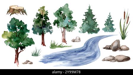 Collection aquarelle d'illustrations de rivière et d'arbres isolés sur fond blanc. Éléments forestiers brumeux dessinés à la main avec des pierres et de l'herbe Banque D'Images