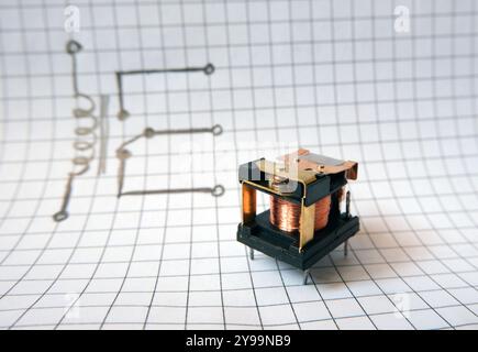 Relais électromécanique devant la structure de circuit dessinée. Interrupteur à commande électrique. Relais de puissance pour circuits électroniques industriels. Banque D'Images