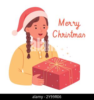 Une fille heureuse dans un chapeau de Noël tient un cadeau et vous souhaite un joyeux Noël. Illustration de Vecteur
