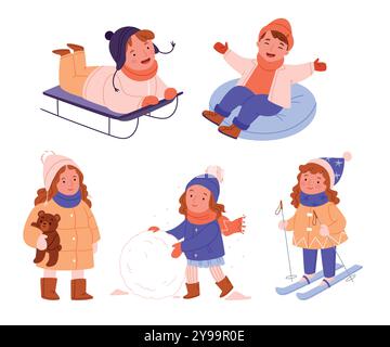 Ensemble d'enfants pendant le plaisir de l'hiver. Un garçon sur un traîneau. La fille skie. Garçon sur tubage. Illustration de Vecteur