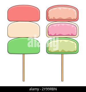 Ensemble d'illustration de couleur avec mochi dessert de riz japonais sur bâton. Objet vectoriel isolé sur fond blanc. Illustration de Vecteur