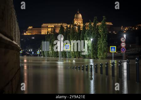 Des panneaux piétonniers et des poteaux sortent du Danube la nuit à Budapest pendant les inondations, avec le château de Buda en arrière-plan Banque D'Images