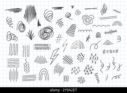 Ensemble de vecteurs de griffonnages et de squiggles divers. Lignes isolées dessinées à la main par stylo à encre bleue. Éléments de conception drôles de doodle, traits, soulignements, courbes. Ligne Illustration de Vecteur