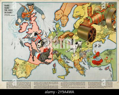 Carte satirique historique vintage de l'Europe. ' Hark ! Hark ! Les chiens aboient ! ' Carte satirique avec le principal pays européen de la première Guerre mondiale représenté par des espèces de chiens, au début de la première Guerre mondiale . Première Guerre mondiale, avec des notes de Walter Emmanuel, 1914 Banque D'Images