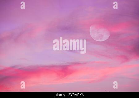 Une pleine lune se lève parmi les nuages de couleur violette dans les tons pastel Banque D'Images