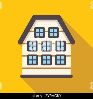 Bâtiment de façade blanche avec toit à pignon jetant une longue ombre, sur fond jaune Illustration de Vecteur