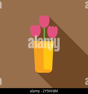 Illustration vectorielle de conception plate minimaliste de trois tulipes roses avec des tiges vertes dans un vase jaune jetant une longue ombre sur un fond brun Illustration de Vecteur