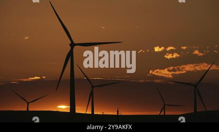 Beau paysage de lever de soleil à l'aube avec des moulins à vent ou une éolienne sur le parc éolien en rotation pour générer de l'énergie électrique Banque D'Images