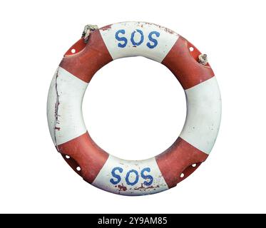 SOS manuscrit sur Un vieux Lifebuoy rustique Banque D'Images