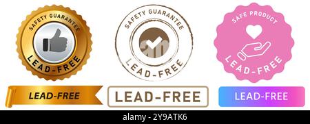 Sans plomb éco-responsables produits tampons colorés badges autocollants étiquette ruban non toxique ingrédient emblème conception icône collection Illustration de Vecteur