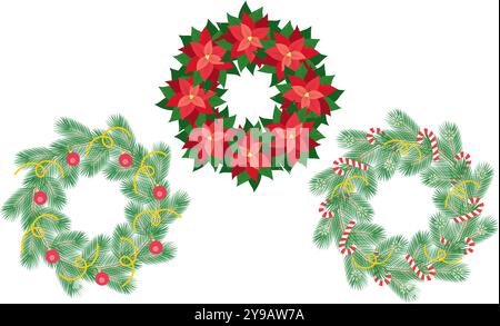 Brindilles à feuilles persistantes avec couronne décorée et poinsettia dans des tons de Noël à la mode. Ensemble de 3 cadres. Copier l'espace. Illustration vectorielle isolée Illustration de Vecteur