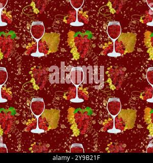 Un motif vibrant avec des verres à vin, des raisins et des feuilles d'automne sur un fond rustique de nature et d'art. Art numérique dans le style aquarelle, pour l'impression sur tissu et papier. Banque D'Images