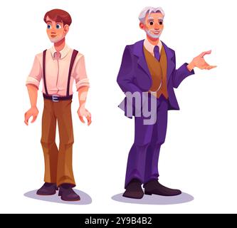 Hommes jeunes et seniors isolés sur fond blanc. Illustration vectorielle de dessin animé de beau gars en chemise souriant, personnage masculin âgé avec les cheveux gris portant costume d'affaires, la vie humaine et le vieillissement Illustration de Vecteur