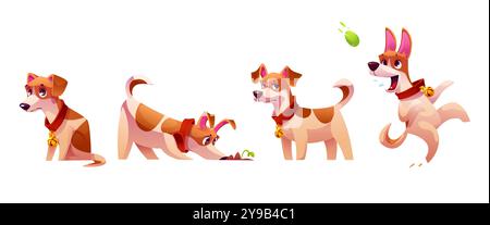 Ensemble d'émotions de chien isolé sur fond blanc. Illustration vectorielle de chiot Jack russell terrier assis seul et triste, reniflant le sol, debout, jouant activement avec la balle, ami animal mignon Illustration de Vecteur