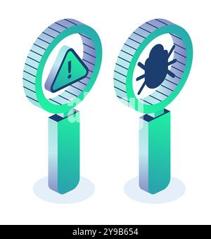 Débogage. Loupe avec bug et point d'exclamation isolé sur fond blanc. Objets isométriques. Illustration vectorielle. Déboguer le code. Illustration de Vecteur