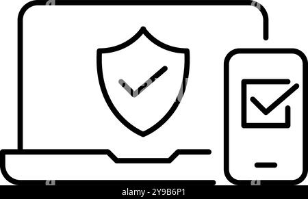Ordinateur portable et smartphone avec des coches. Synchronisation transparente entre les appareils. Connexions sécurisées et confirmées entre les plates-formes. Pixel Perfect, edi Illustration de Vecteur