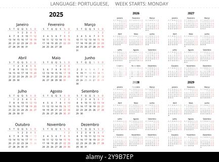 calendriers annuels portugais 2025, 2026, 2027, 2028, 2029. Collection imprimable d'illustrations vectorielles pour le Portugal Illustration de Vecteur