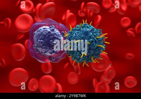 Thérapie par les cellules CAR T dans la leucémie myéloïde aiguë (LAM) - gros plan illustration 3D. Banque D'Images
