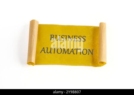 Le concept du business de l'information. Le texte de l'AUTOMATISATION DES AFFAIRES est écrit sur un fond blanc Banque D'Images