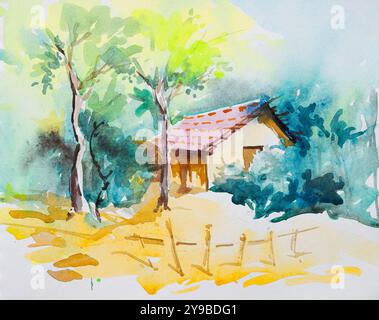 Beau paysage de maison de village et d'arbres avec feuillage vert. Art aquarelle peint à la main créé avec de la peinture aquarelle et des pinceaux. Terres de village indien Banque D'Images