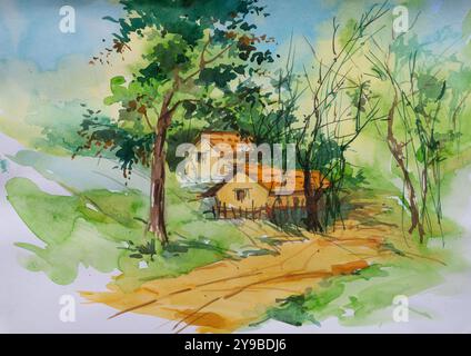 Beau paysage de maisons de village et d'arbres avec feuillage vert. Art aquarelle peint à la main créé avec de la peinture aquarelle et des pinceaux. Village indien. Banque D'Images