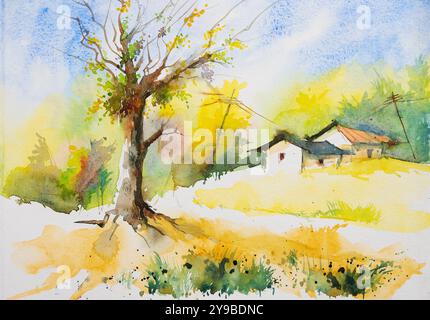 Beau paysage de maisons de village et un vieil arbre presque sans feuilles. Art aquarelle peint à la main créé avec de la peinture aquarelle et des pinceaux. Banque D'Images