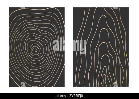 Collection d'anneaux d'arbre à ligne mince dorée. Cercle élégant de texture de section en bois doré. Contour de grille géographique de carte topographique. Lignées de bois. Illustration vectorielle Illustration de Vecteur