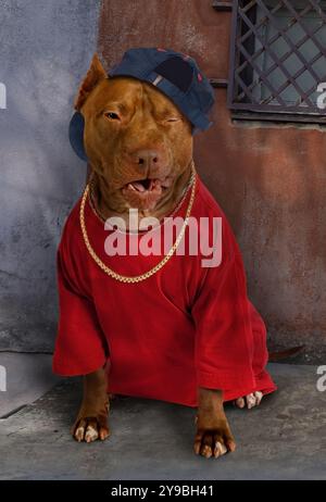 Chien American Pit Bull Terrier vêtu d'un tee-shirt rouge, sur son cou une chaîne en or et sur sa tête une casquette de baseball Banque D'Images