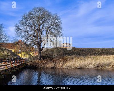 Landskrona, Suède - 12 février 2023 : paysage tranquille à la Citadelle dans le sud de la Suède avec arbre sans feuilles, pont en bois, eau, construction rustique Banque D'Images