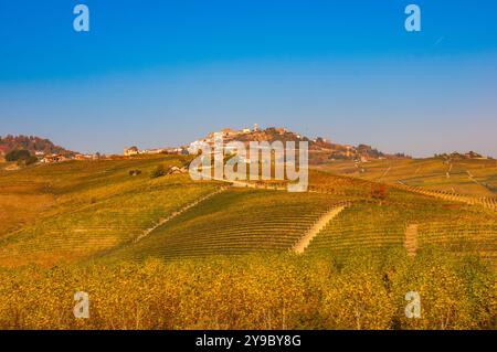 BAROLO, ITALIE – 21 OCTOBRE 2022 : les vignobles renommés de Barolo s'étendent sur des collines vallonnées, produisant certains des meilleurs vins d'Italie. Banque D'Images