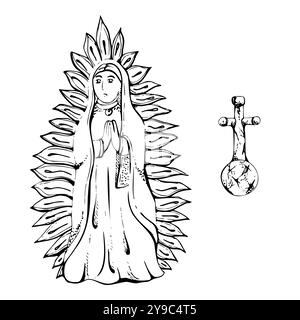 Symbole religieux mexicain, Sainte Vierge Marie de Guadalupe en flammes, sculpture chrétienne catholique. Illustration vectorielle d'encre dessinée à la main. Élément unique Illustration de Vecteur
