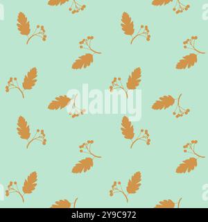 Grappes de motif rowan, empreinte de branche avec des baies et des feuilles dorées sur fond vert menthe. Illustration vectorielle Illustration de Vecteur