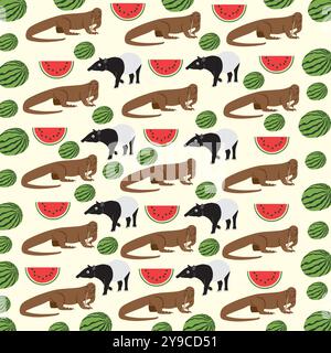 tapir, dragon de komodo avec des fruits comme fond de motif Illustration de Vecteur