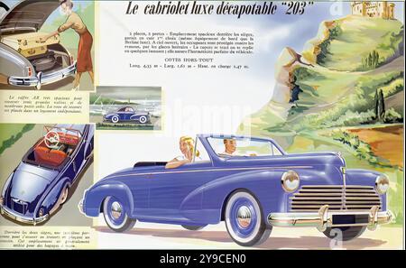 Peugeot 203 Cabriolet luxe décapotable (1955) - publicité voiture de presse vintage Banque D'Images