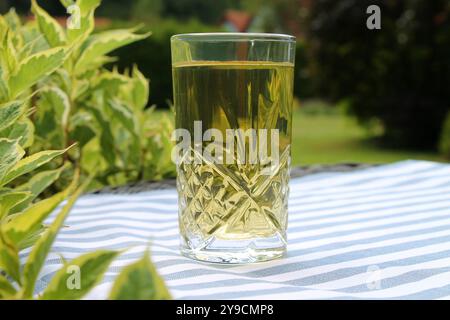 Boisson claire dans un grand verre sur une nappe rayée en gros plan de jardin d'été. Banque D'Images