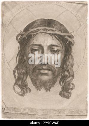 Le Sudarium de Sainte Véronique, créé en 1649 par le graveur français Claude Mellan (1598-1688), représente le visage du Christ imprimé sur un tissu que Sainte Véronique a utilisé pour essuyer le visage du Christ sur le chemin de sa mort en utilisant une technique de gravure à une seule ligne continue. Banque D'Images