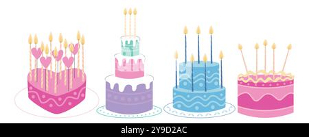 Ensemble de gâteaux d'anniversaire avec des bougies Illustration de Vecteur