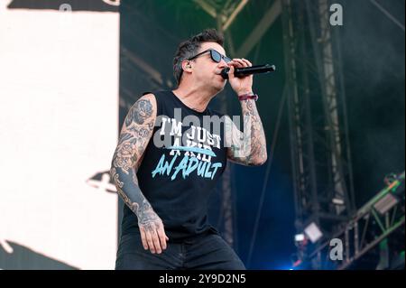 30 juin 2024 : Pierre Bouvier se produit avec simple plan au festival Hellfest Open Air à Clisson Banque D'Images